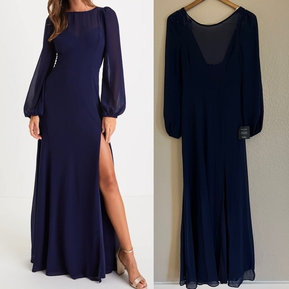 Prestigious Poise Navy Blue Backless Balloon Sleeve Maxi Dress NWT - Picture 1 of 8